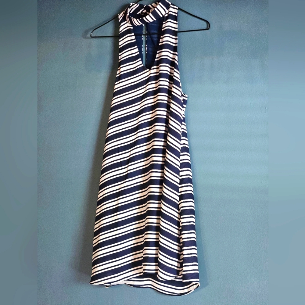 OLIVACEOUS Navy and White Striped Tunic/ Dress w/Haltered neckline Size Small
